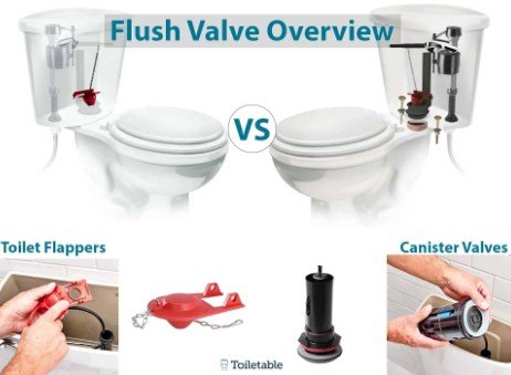 Left: Kohler canister (tall tower) flush valve. Right: standard rubber flapper.
